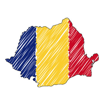 Romania map hand drawn sketch. Vector concept illustration flag, childrens drawing, scribble map. Country map for infographic, brochures and presentations isolated on white background. Vector