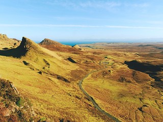 Quiraing mountains in winter midday. Hilly landscape of Isle of Skye, Scottish Highlands.