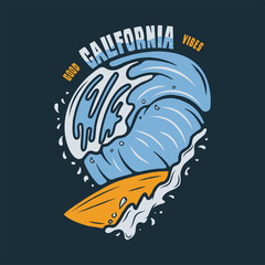 Vintage surf print design for t-shirt and other uses. Good California Vibes typography quote and surfboard into the waves. Unusual hand drawn surfing graphic patch emblem. Stock vector