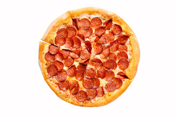 Fresh tasty pizza with pepperoni isolated on white background. Top view