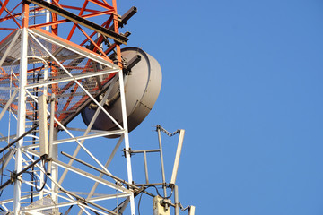 Closeup of microwave high tower with background of clear blue sky and copy space