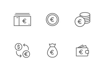 Money vector icon set, coin bill euro line outline sign collection, linear thin flat design for web, website, mobile app.