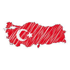 Turkey map hand drawn sketch. Vector concept illustration flag, childrens drawing, scribble map. Country map for infographic, brochures and presentations isolated on white background. Vector