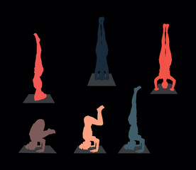 Yoga pose headstand silhouettes set. Vector color illustration on black background.