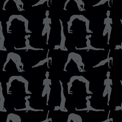 yoga poses seamless pattern. black vector background