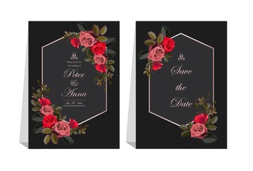 Floral card for invitation wedding and greeting cards with white roses flower and gold frame