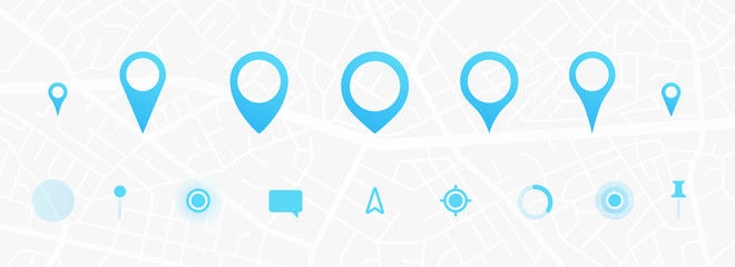 GPS interface elements set. City map navigation. GPS navigator. Point marker icon. Top view, view from above. UX/UI. Abstract background. Cute simple design. Flat style vector illustration.