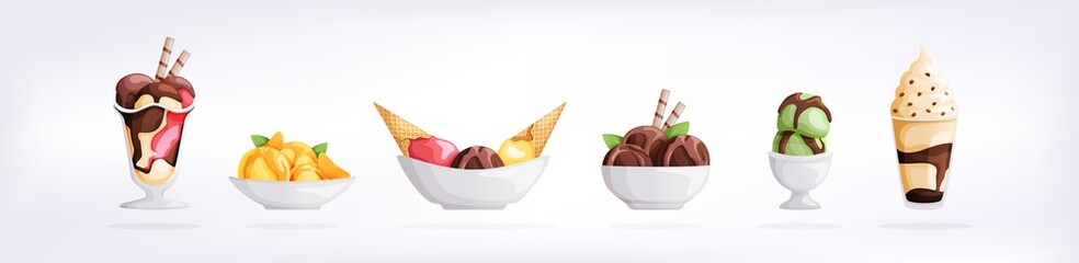 Ice cream set isolated on a white background. Summer colorful background. Tasty cute appetizing food collection. Simple realistic modern design. Flat style vector illustration.