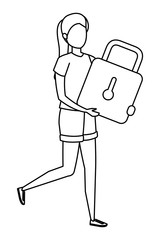 young woman lifting padlock character