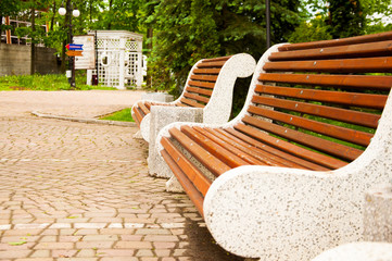 Large concrete benches with wooden elements. Near the alley in the park. Summer in the yard. Summer day.
