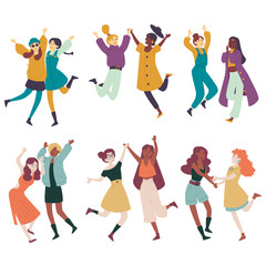 Diverse women having fun together, multi ethnic females jumping, dancing.