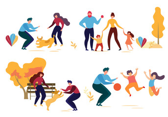 Cartoon Man Woman Dog Family Character in Park