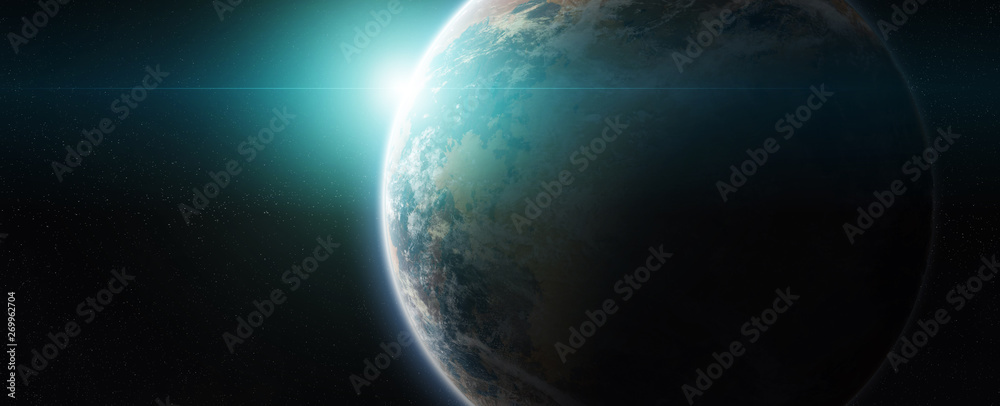 Poster Distant planet system in space with exoplanets 3D rendering elements of this image furnished by NASA