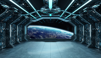 Dark blue spaceship futuristic interior with window view on planet Earth 3d rendering © sdecoret