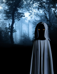 Spooky monster in hooded cloak in misty forest