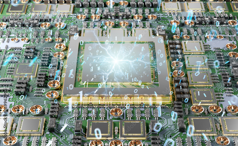 Aufkleber Close-up view of a modern GPU card with connections 3D rendering