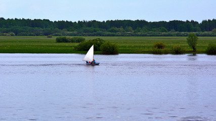 Yacht and motor boat on the river against the background of the field and the forest. Summer landscape