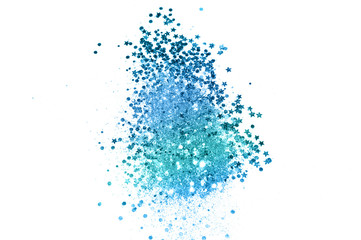 Blue glitter sparkles on white background.
