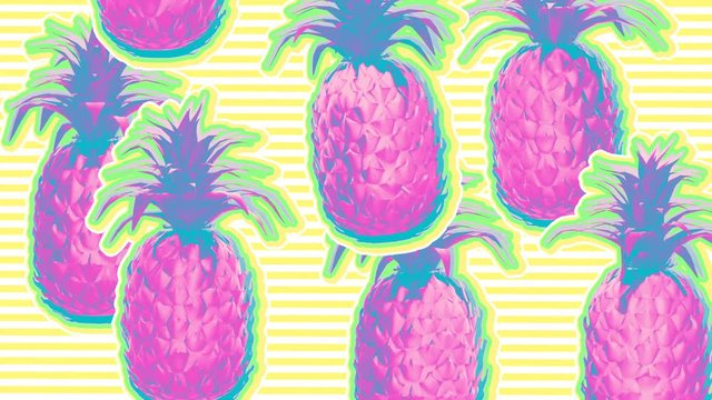 Seamless young animation of cartoon style pineapples with pastel colors . Stop motion minimal fluor duotone comic style background pink and blue.