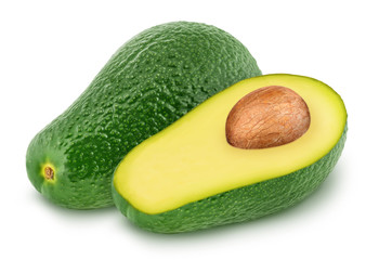 Whole and half green avocados isolated on white background.