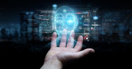 Businessman using digital artificial intelligence head interface 3D rendering