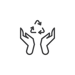 Hands with recycling arrows line icon. linear style sign for mobile concept and web design. Eco hand outline vector icon. Ecology care symbol, logo illustration. Vector graphics