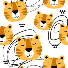 Muzzle of tigers, hand drawn backdrop. Colorful seamless pattern with muzzles of animals. Decorative cute wallpaper, good for printing. Overlapping background vector. Design illustration, roar