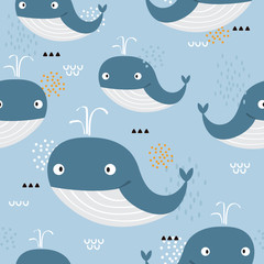 Happy whales, hand drawn seamless pattern. Marine background vector. Colorful illustration, overlapping backdrop. Decorative cute wallpaper, good for printing