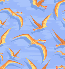 Orange pterosaurs among the clouds. Flying dinosaurs. Seamless pattern. Design for baby textiles. Background image for a Dino party. © velishchuknatali