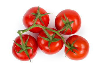 Top view of red tomatoes on branch on white background