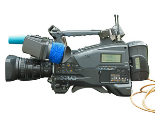Professional digital video camera, isolated on white background