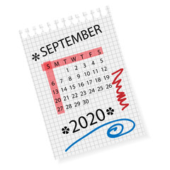 Calendar for September 2020. Vector calendar template on checkered sheet of paper. Hand drawn scribble elements. Week starts on Sunday.