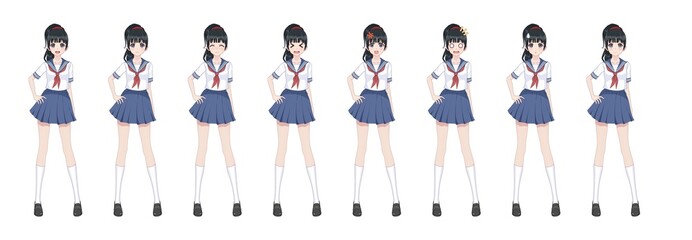 Anime manga schoolgirl in sailor suit, blue skirt