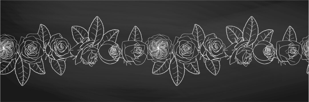 Hand drawn doodle style black rose flowers seamless brush. floral design element. rose endless border isolated on black chalkboard background. stock vector illustration