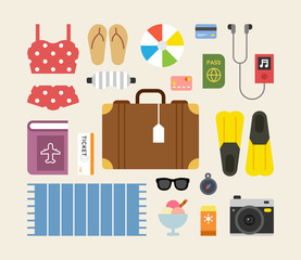 Items needed for summer travel abroad. flat design style minimal vector illustration © MINIWIDE