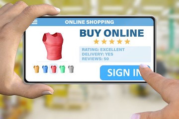 hand with smartphone tapping the button sign in on bokeh mall background - online shopping technology concept
