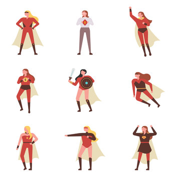 Various costumes of female heroes. flat design style minimal vector illustration
