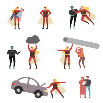 Activities of women's superheroes to help citizens and defeat bad guys. flat design style minimal vector illustration