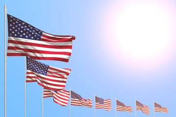 pretty independence day flag 3d illustration. - many USA flags placed diagonal on blue sky with place for your content