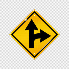 International Right Turn Split Symbol - Textured Yellow Warning Icon - Vector Illustration Isolated On Transparent Background