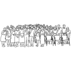 Obraz premium students or people standing together vector illustration sketch doodle hand drawn with black lines isolated on white background. Teamwork or family concept.