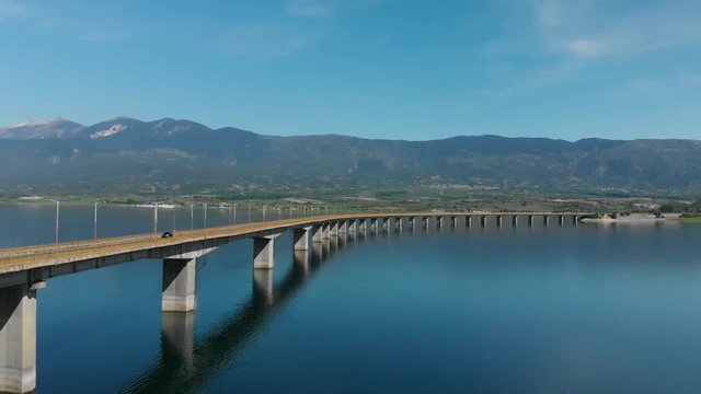 Techniti Limni Polifitou- Bridge over Polifitou Lake in Greece. Aerial