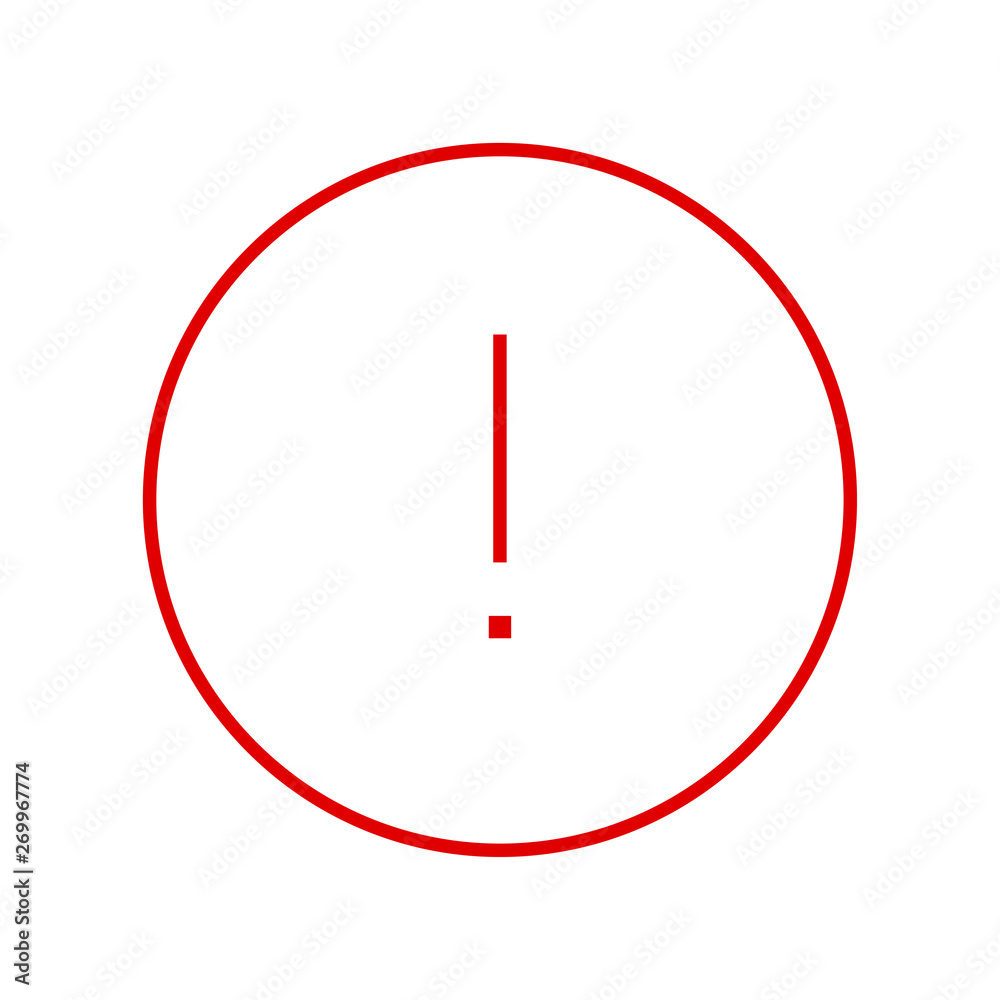Poster round red thin line exclamation point icon, button, attention symbol isolated on white background