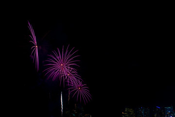 Fireworks Celebration at night sky ,Building background.