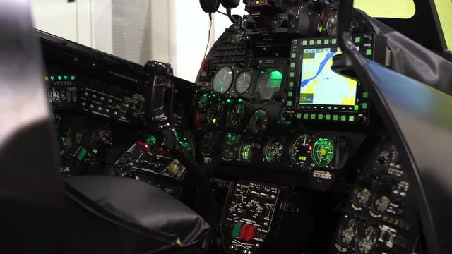 Aviation, view of the dashboard of the fighter, instruments and electronics inside the cockpit.