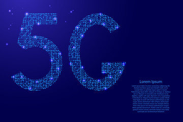 5G internet symbol icon network sign from printed board, chip and radio component with blue star space for banner, poster. Computer electronics processor motherboard. Vector illustration.