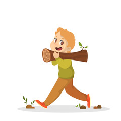 Boy carrying log for the campfire. Little child scout