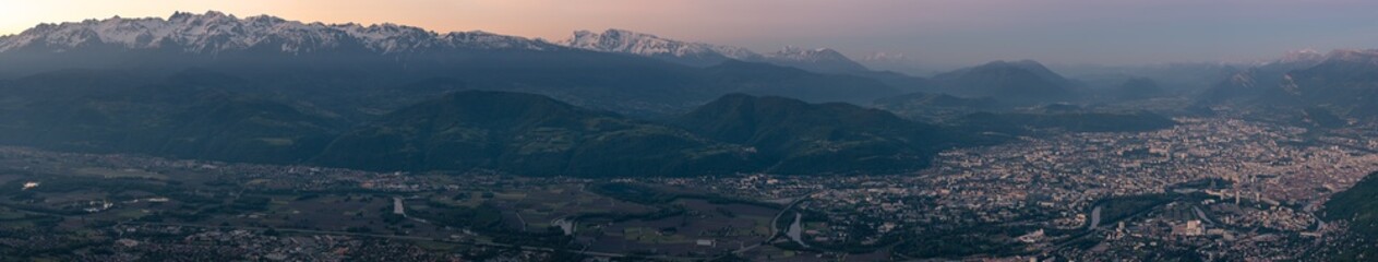 French landscape - Chartreuse. View over the city of Grenoble with Vercors and Alps in the background.