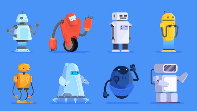 Robots set. Group of futuristic character of various shape