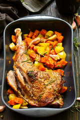 baked turkey thigh with vegetables.